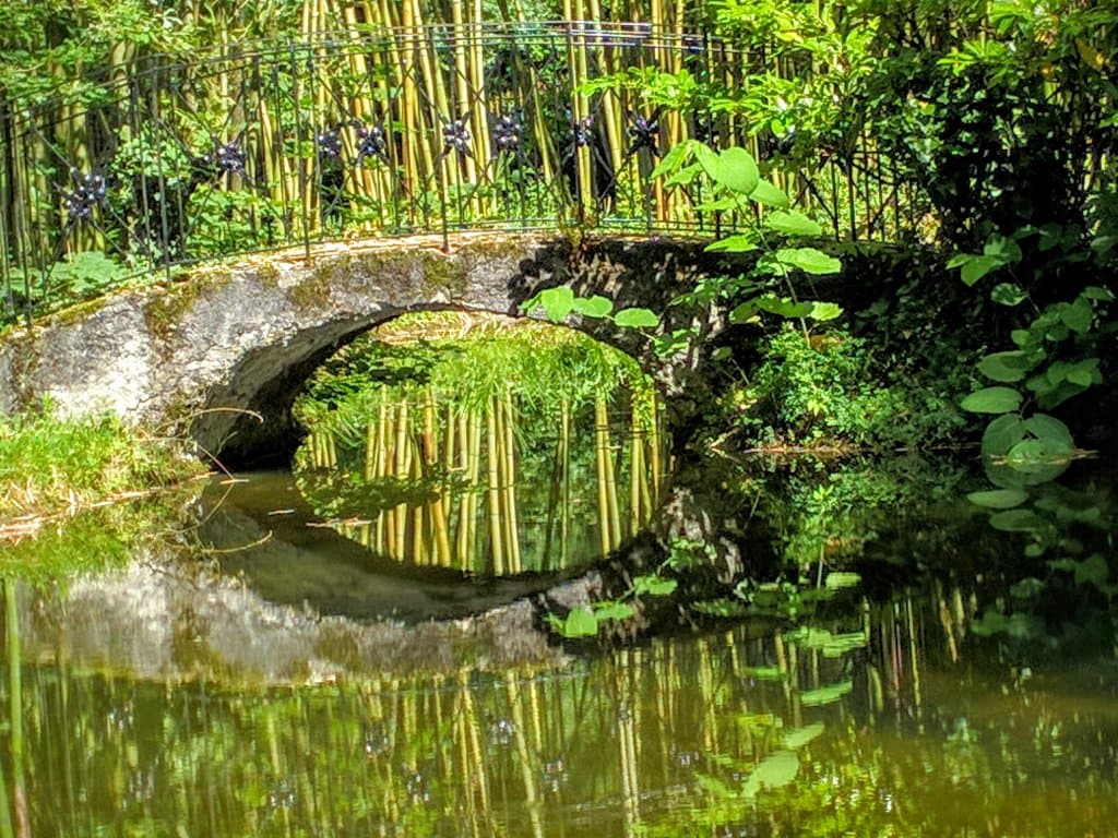 Las cañas de bambu del jardín, se reflejan en las tranquilas aguas del cauce que cruza el jardín