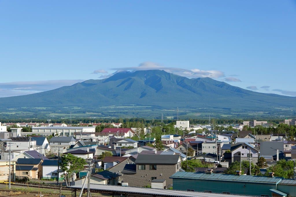 Mount Shari-dake and the town centre of Shari in the foreground