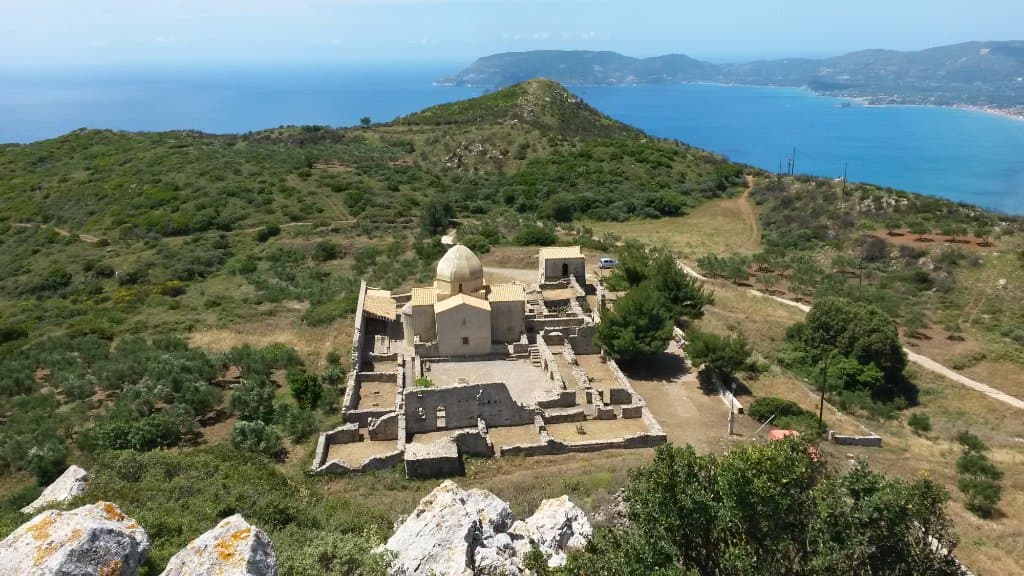 Top of Skopos with the Monasteryof Panagia Skopiotissa below.