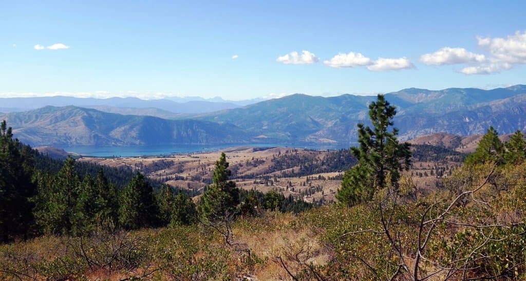 View of Lake Chelan and Cascade foothills in the distance