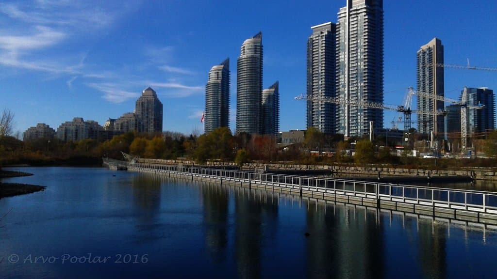 Some of the apartment buildings and condos that reflect in the Humber Bay east section of the pa