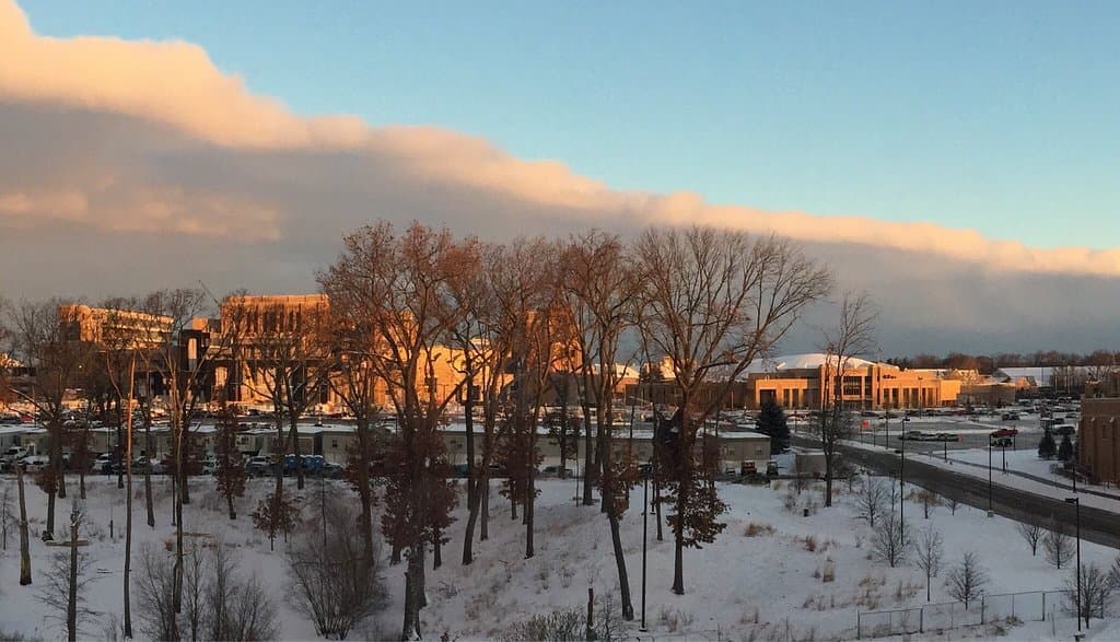 Early morning sun lit arena & stadium