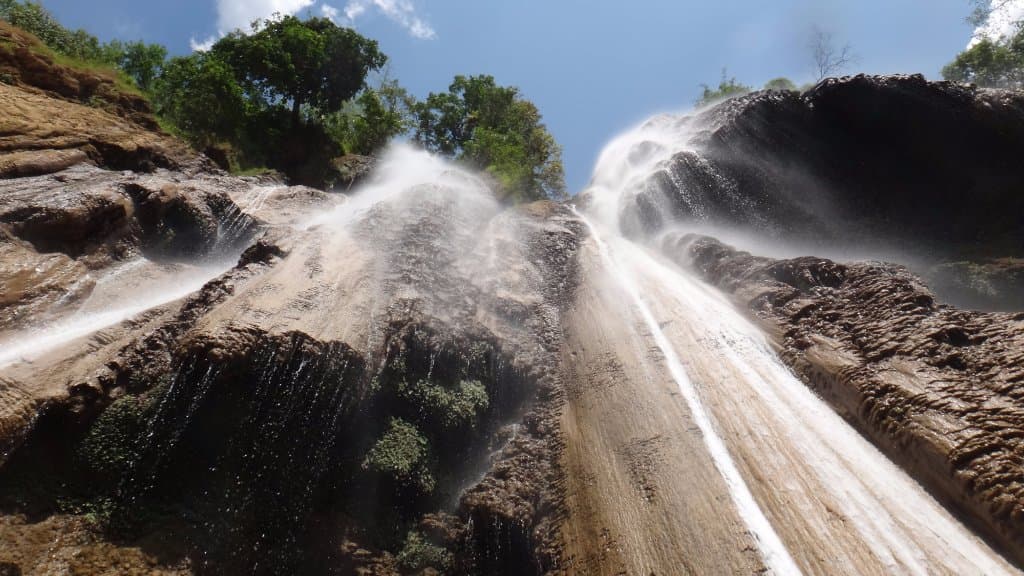 View from standing on a ledge under the waterfall