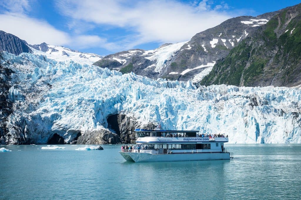 The Fairweather Express II in front of Surprise Glacier.