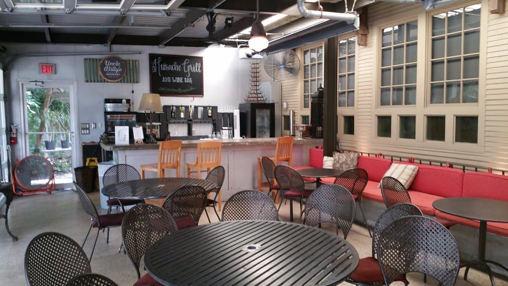 Very nice outdoors patio bar and seating area.