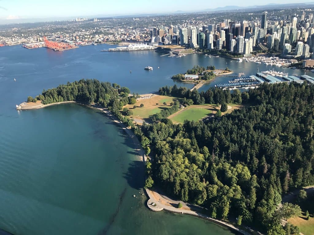 Beautiful view of Stanley Park and downtown, and cruise ship dock