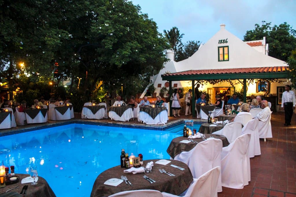 Tables of 2's by the pooldeck.