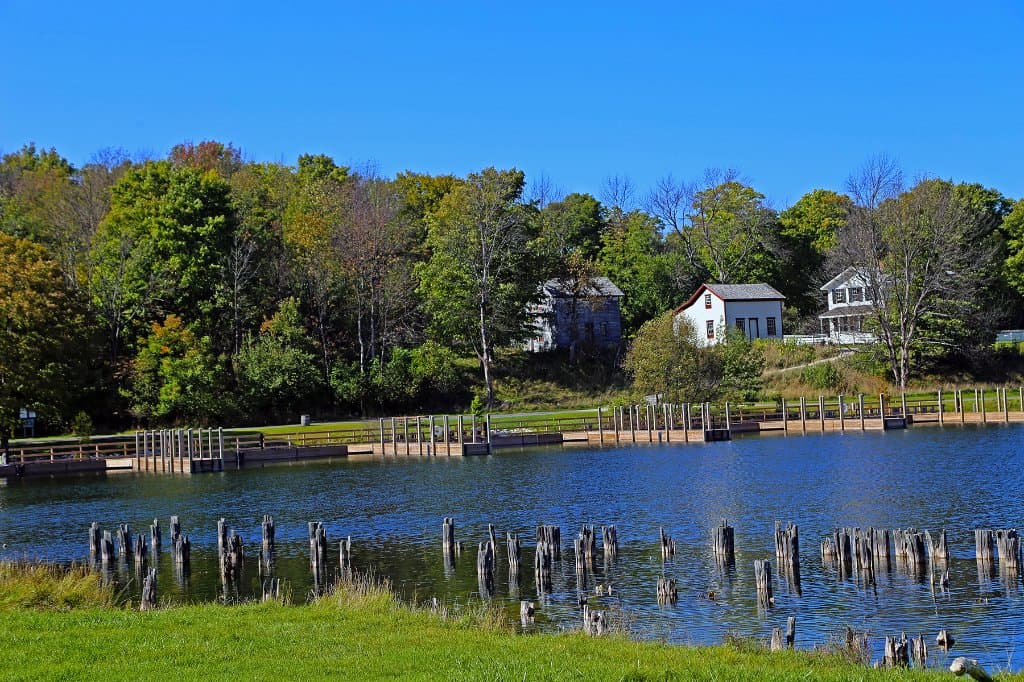 Boat slips and showing some of the buildings that have been maintained in original condition.