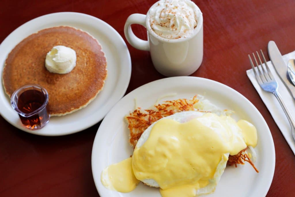 Stuffed hash browns, pancake, peppermint mocha