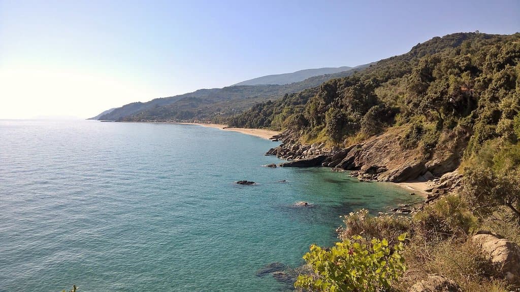 View from hiking path to Chorefto beaches (city beach is on far right)