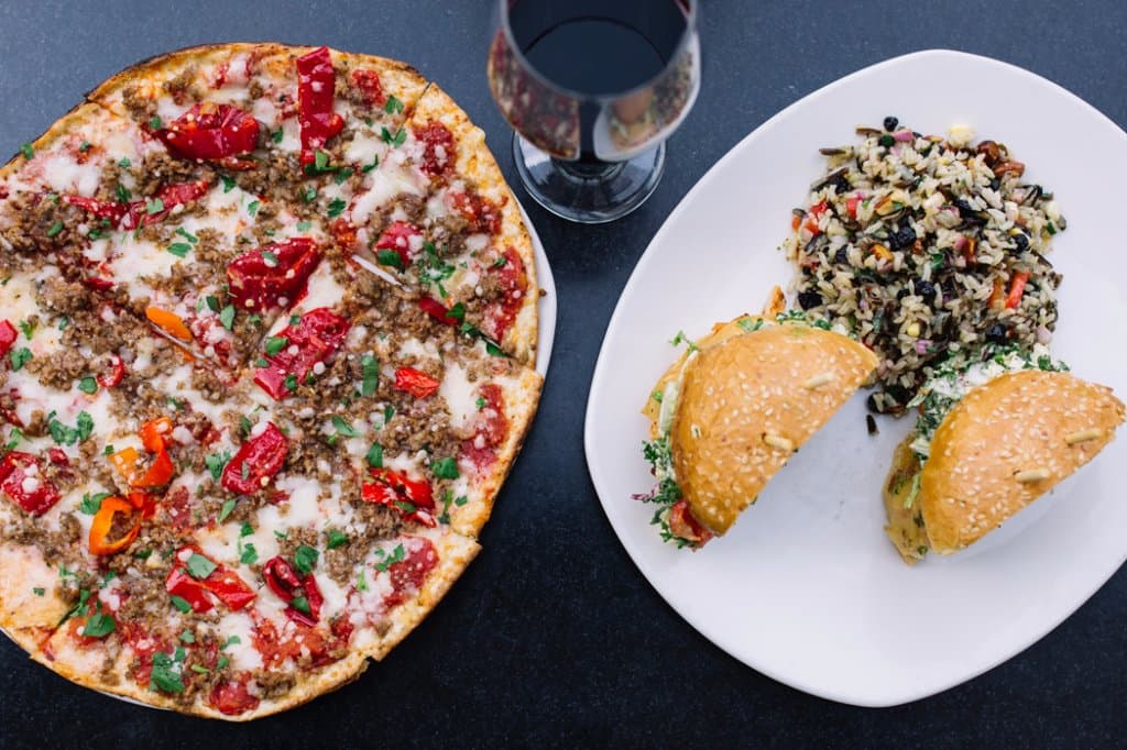 Housemade Sausage Thin Crust Pizza and Chicken & Avocado Sandwich