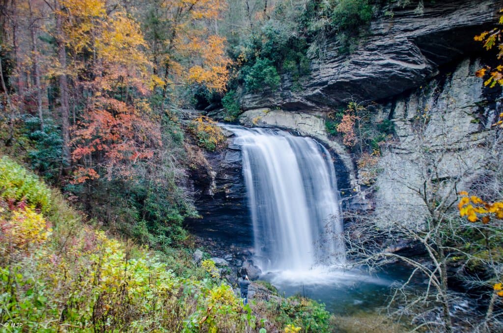 Beautiful fall colors to go with the waterfall. Visited the place around sunset