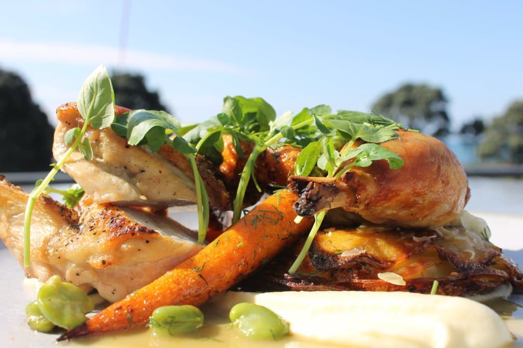 Caramelised chicken breast, manchego galette, parsnip puree, chardonnay braised leg, baby carrot