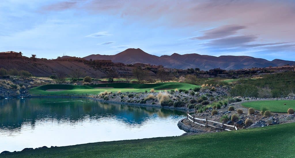 The challenging par-3 16th at Rio Secco Golf Club.
