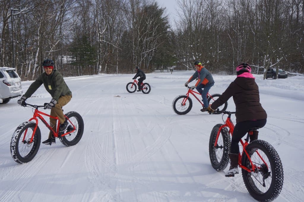 Testing fat tire bikes in the parking lot