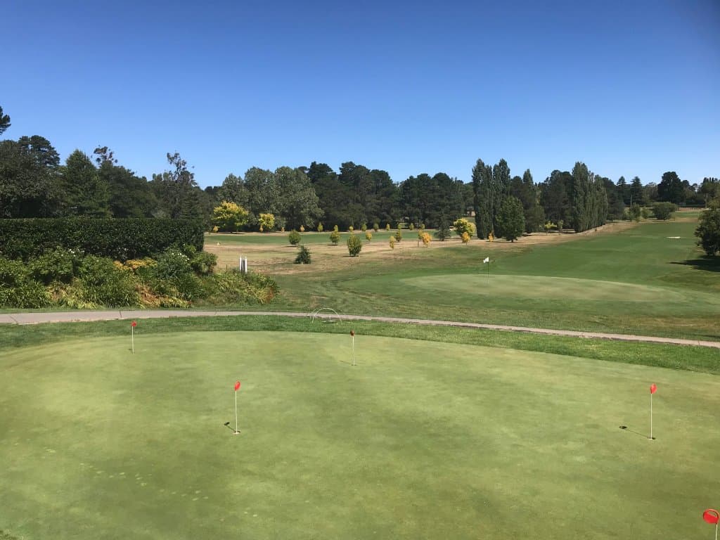 The view over the practice green, towards the 18th green and fairway