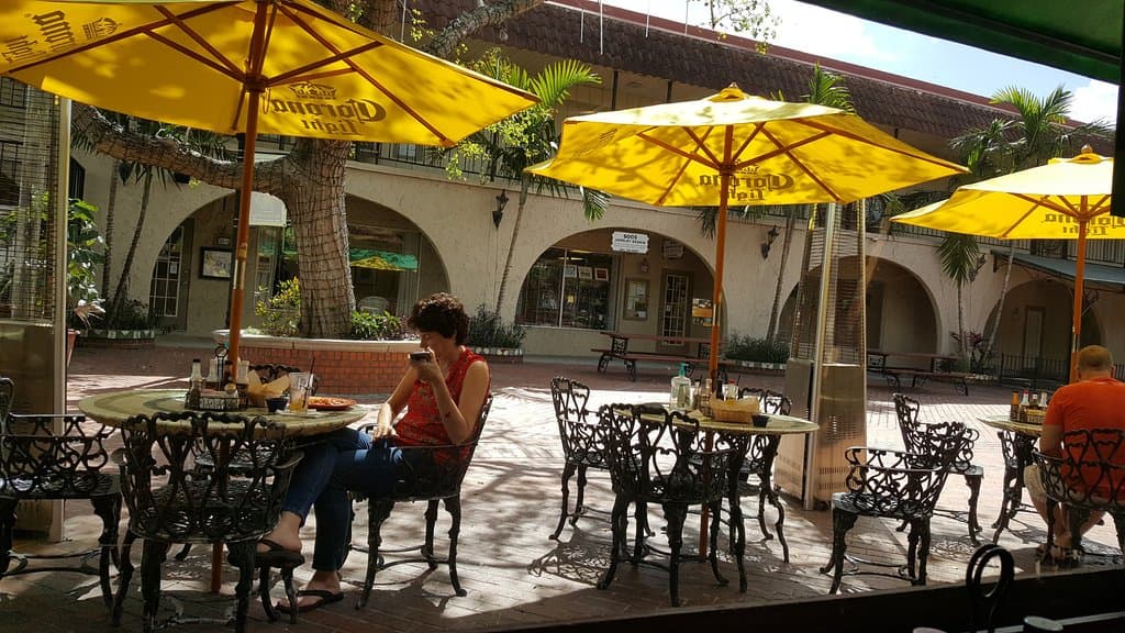 View of outside dining. Dangerous jewelry shop in the bckground.