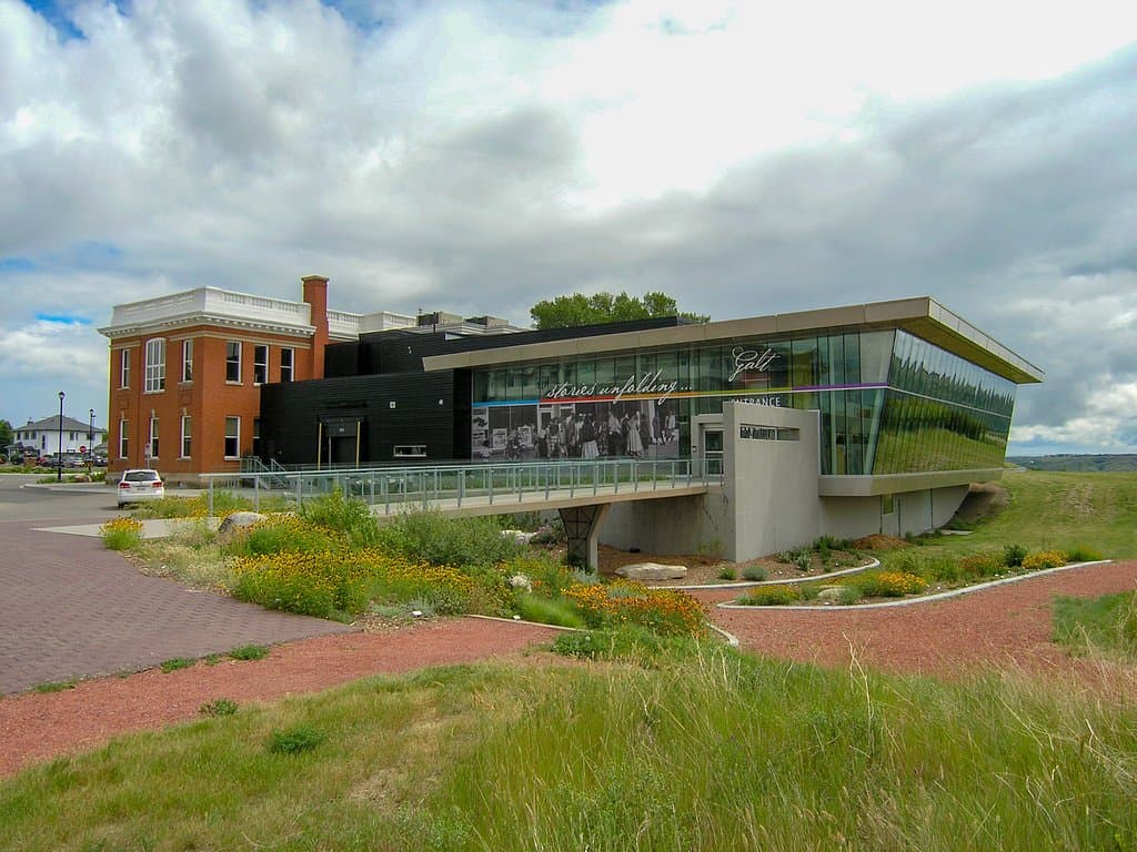 The Galt's north side and main entrance during the spring with green grass surrounding the build