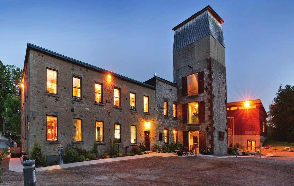 Main entrance to the building at dusk.