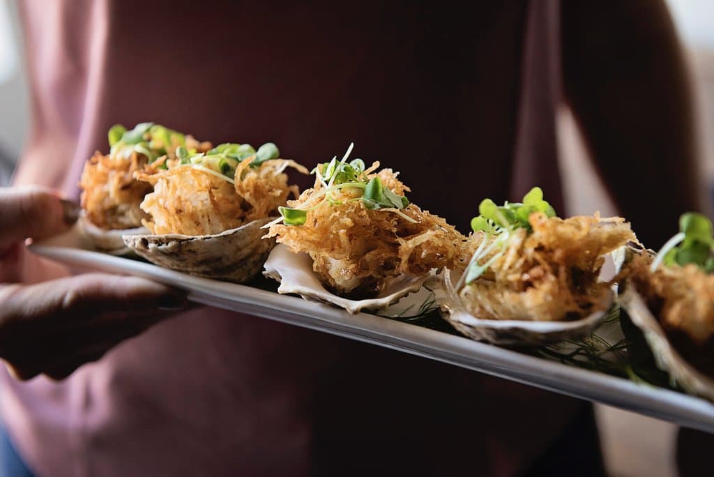 POTATO-CRUSTED OYSTERS | dill pickle nectar, house dijonnaise, micro dijon