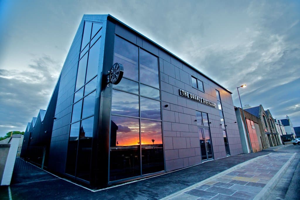 The Orkney Distillery at sunset on Kirkwall's harbour