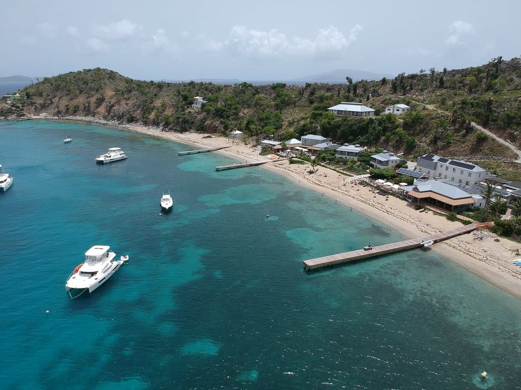 Aerial view of our boat moored at Cooper Island