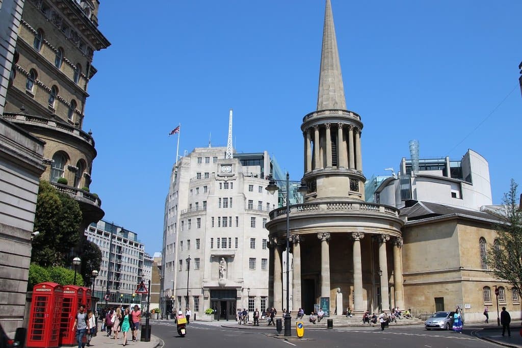 Looking up to All Souls church from Regent Street