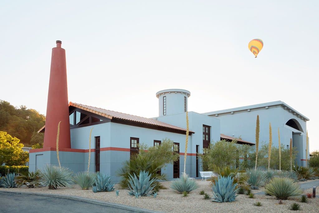 Hot air balloon high above the estate