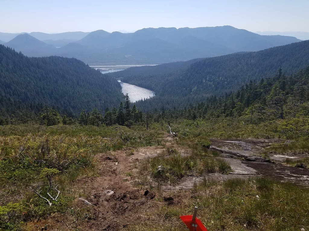 At the top!  You can see the lake below and the ocean in the distance.  
