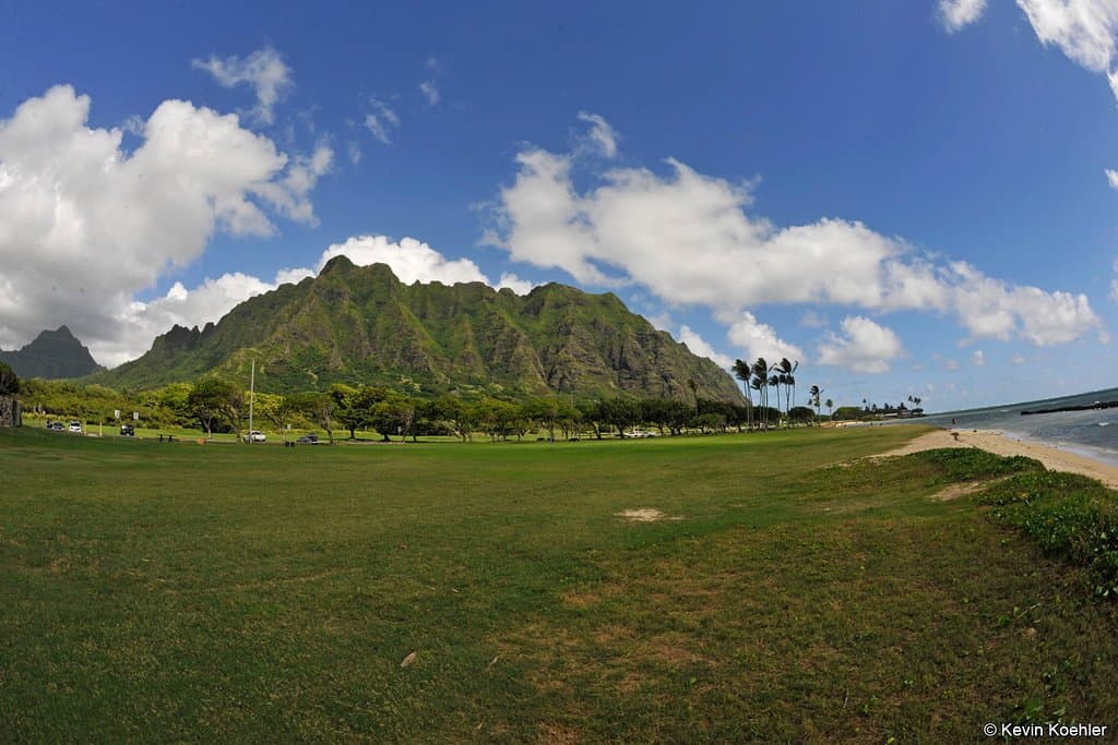 Views of the mountains from Kualoa Regional Park O'ahu, Hawaii