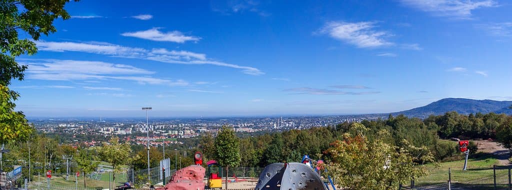 Bielsko-Biala panorama seen from the glade at the foot of Mount Debowiec (520 m).