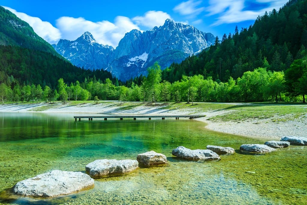 Beautiful view on Julian Alps and Jasna Lake