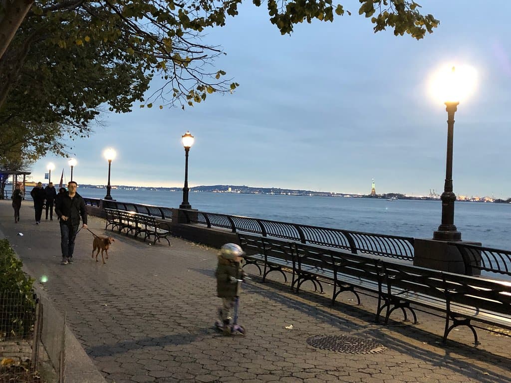 The promenade in Battery City on a cold and clear night.