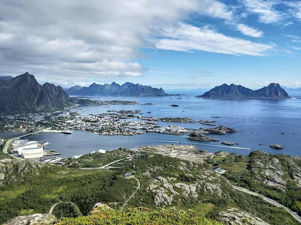 At the top of Tjeldbergtinden. View towards the fiord. 
