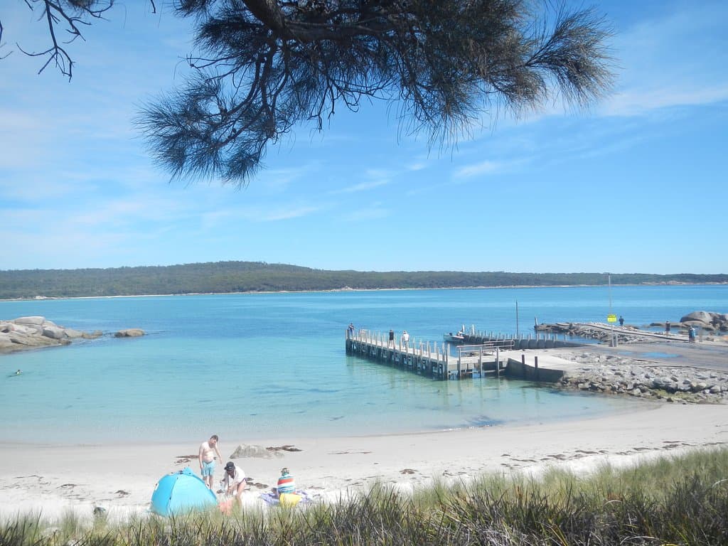 A safe swimming beach on the left, and the boat ramp on the right