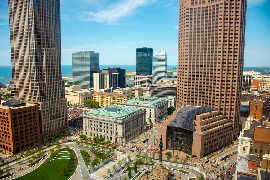 Public Square and Lake Erie with skyline