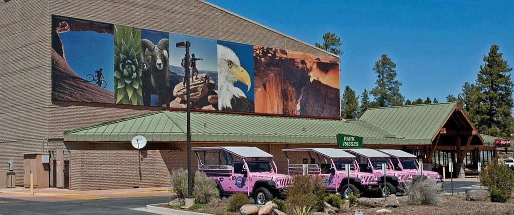 The Grand Canyon Visitor Center, located in Tusayan, Arizona. Home to the IMAX Theatre, Pink Jeep Tours and Pizza Hut Express.