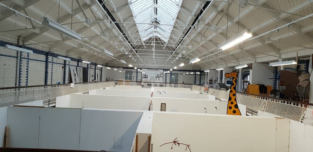 Inside of the building looking over the art school students' studios