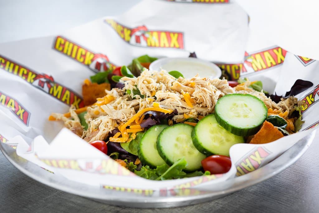 Max Salad with pulled, smoked chicken--also available with fried chicken instead.