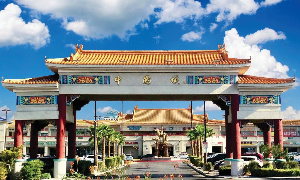 Grand Gate of Chinatown Plaza. Chinatown Plaza, located five minutes away from The Strip, is a premier shopping center with authentic Asian cuisines and unique retail stores.  Don't forget to take photos with the famous gold statue featuring "Journey to the West" when you visit.  For more dining and shopping information, please go to: www.lvchinatownplaza.com.