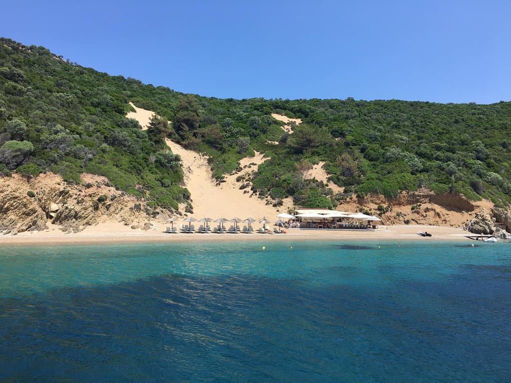 Approaching the island with the taverna, and "private" beach