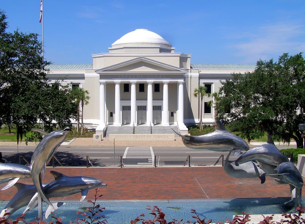 The Florida Supreme Court behind the Dolphin Fountain on the state capitol grounds.