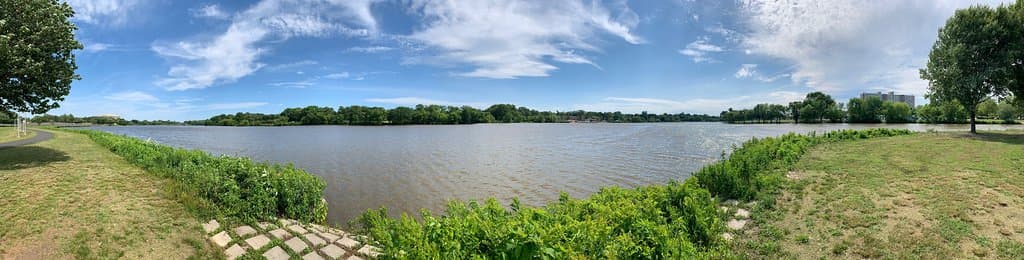 This is panoramic shot of the Cooper river from the Cherry Hill side.