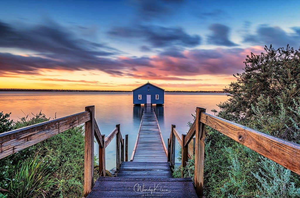 Crawley Edge blue boat shed Perth at sunrise