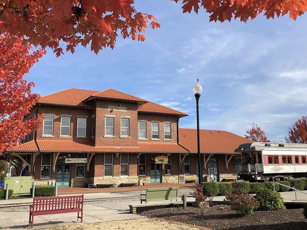 Exterior fall photo of Welcome Center. 