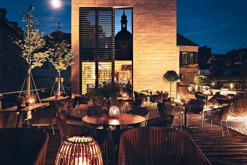 Our beautiful terrace by night with a view to the famous old townhall of Bamberg.