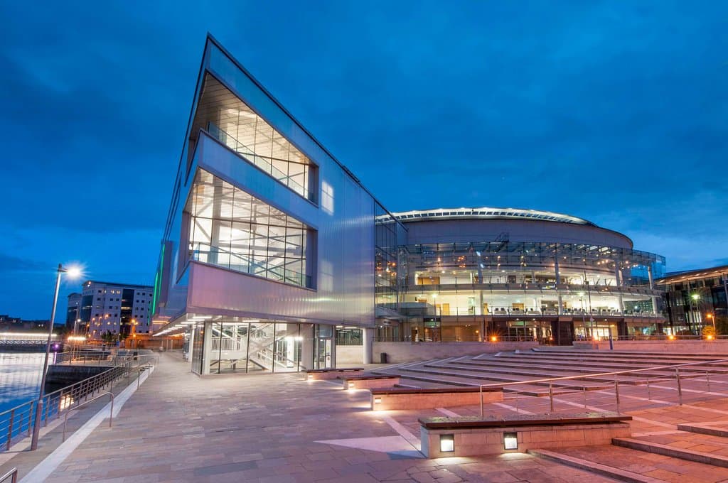 The Riverside entrance of the Waterfront Hall. 