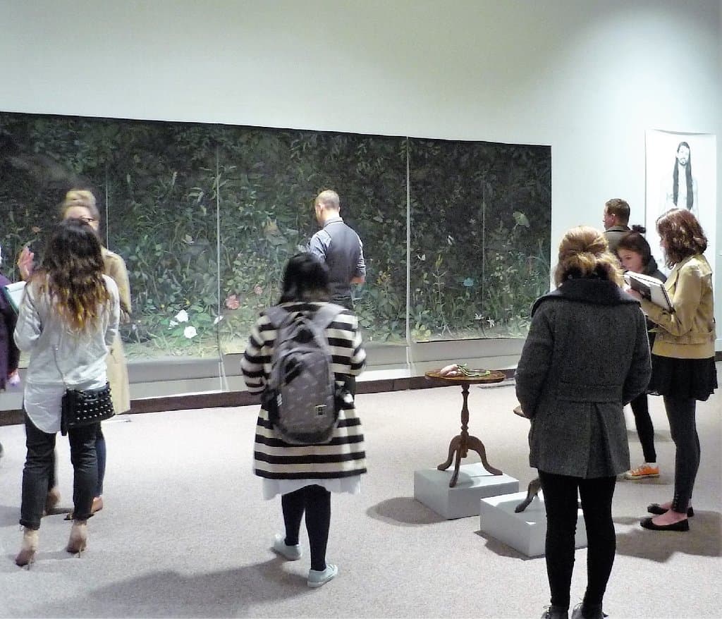 Visitors admire Zachari Logan's solo exhibition "A Natural History of Unnatural Things" at the Art Gallery of Regina October 15 to November 27, 2015
 