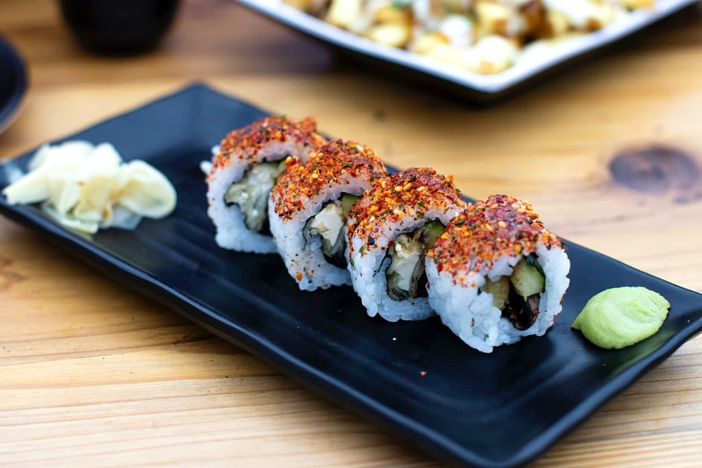 Fried tofu & charred asparagus uramaki, kimchi, sesame