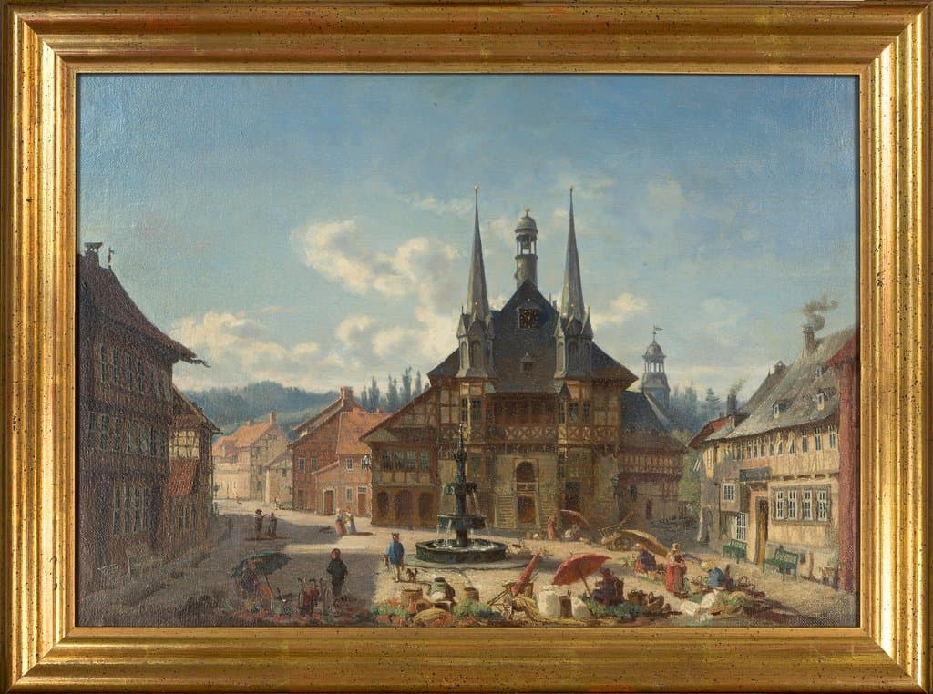 Eine Ansicht des Wernigeröder Marktplatzes aus dem 19. Jahrhundert (Maler: Christian Wilberg, 1867)